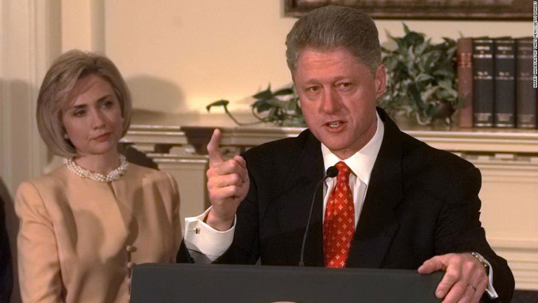 Clinton speaks about the Monica Lewinsky scandal at the White House in January 1998, as first lady Hillary Clinton looks on. &quot;I did not have sexual relations with that woman,&quot; he said.