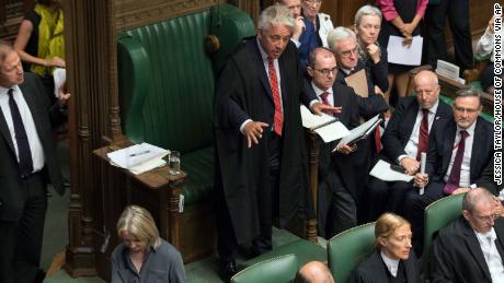 In this handout photo provided by the House of Commons, Speaker of the House John Bercow gestures during Boris Johnson&#39;s first Prime Minister&#39;s Questions, in the House of Commons in London, Wednesday, Sept. 4, 2019. Britain&#39;s Parliament is facing a second straight day of political turmoil as lawmakers fought Prime Minister Boris Johnson&#39;s plan to deliver Brexit in less than two months, come what may. Johnson is threatening to dissolve the House of Commons and hold a national election that he hopes might produce a less fractious crop of legislators. (Jessica Taylor/House of Commons via AP)
