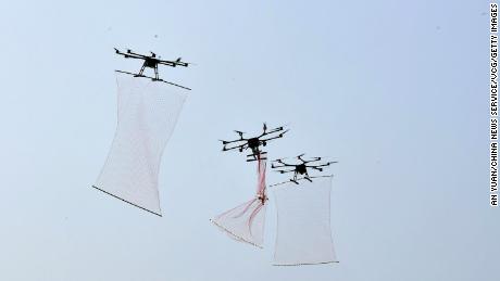 Drones are used in an anti-terrorism drill on August 23, 2019, in Deyang, China.