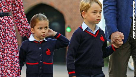 Britain&#39;s Princess Charlotte of Cambridge, with her brother, Britain&#39;s Prince George of Cambridge, arrives for her first day of school at Thomas&#39;s Battersea in London on September 5, 2019.