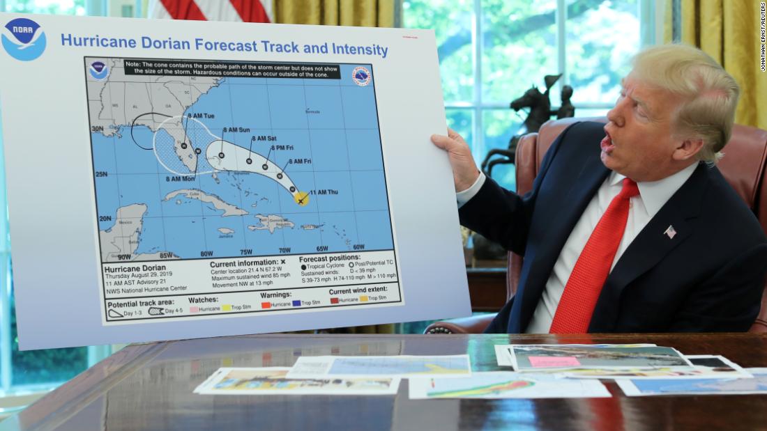 In September 2019, Trump shows an &lt;a href=&quot;https://www.cnn.com/2019/09/04/politics/donald-trump-hurricane-alabama-map/index.html&quot; target=&quot;_blank&quot;&gt;apparently altered map&lt;/a&gt; of Hurricane Dorian&#39;s trajectory. The map showed the storm potentially affecting a large section of Alabama. Over the course of the storm&#39;s development, Trump erroneously claimed multiple times that Alabama had been in the storm&#39;s path.