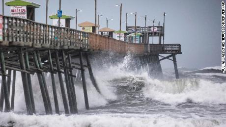 Waves pound the Bogue Inlet Fishing Pier in Emerald Isle, N.C.,as Hurricane Dorian moves north off the coast. 