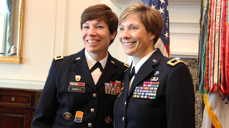 Maj. Gen. Maria Barrett poses with Brig. Gen. Paula Lodi during then Col. Lodi&#39;s promotion ceremony at the Army Navy Country Club in Arlington, VA on 12 July 2019.