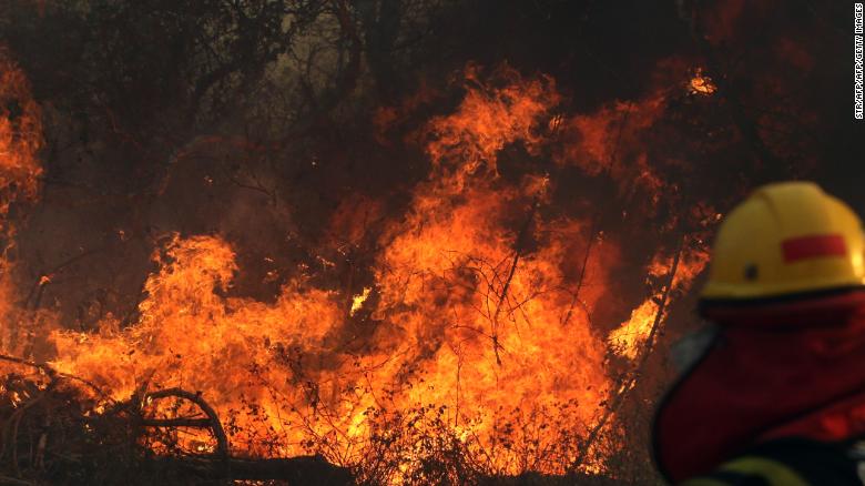 A firefighter works during a wildfire in the Santa Cruz region of eastern Bolivia on August 22, 2019.