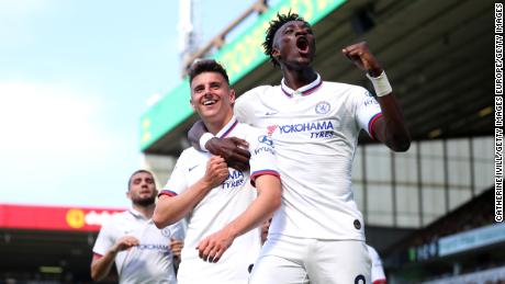 Tammy Abraham celebrates with Mason Mount, another of the youngsters Lampard has shown faith in.