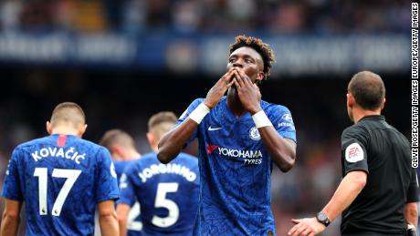 Abraham celebrates scoring against Sheffield United in the Premier League.