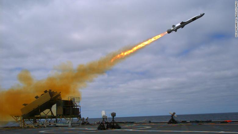 A Naval Strike Missile is launched from the littoral combat ship USS Coronado  during missile testing operations off the coast of Southern California in 2014.