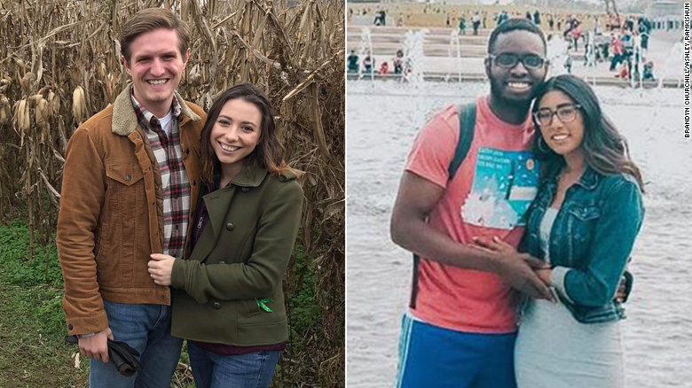 Brandyn Churchill and Sophie Rogers, left, and Samuel Sarfo and Ashley Ramkishun sued Virginia over a requirement that race be disclosed in marriage license applications.
