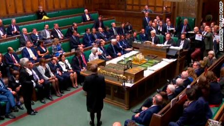 In this image made from video, British lawmakers stage a protest in the House of Commons before prorogation of Parliament, in London, Tuesday Sept. 10, 2019. The British government has formally suspended Parliament, sending lawmakers home for five weeks amid a Brexit crisis. (Parliament TV via PA via AP)