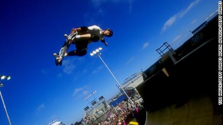 24 Jun 1998:  Tony Hawk grabs his skateboard vertical as he jumps from the ramp during the X-Games in San Diego, California. Mandatory Credit: Tom Hauck/Allsport