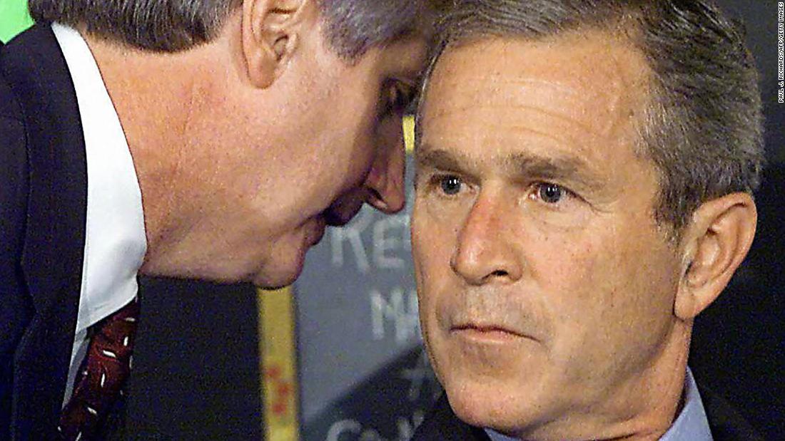White House Chief of Staff Andrew Card whispers into the ear of US President George W. Bush as Bush was visiting an elementary school in Sarasota, Florida. &lt;a href=&quot;http://www.sfgate.com/news/article/9-11-Voices-What-If-You-Had-To-Tell-The-2799179.php&quot; target=&quot;_blank&quot;&gt;&quot;America is under attack,&quot; he said.&lt;/a&gt;