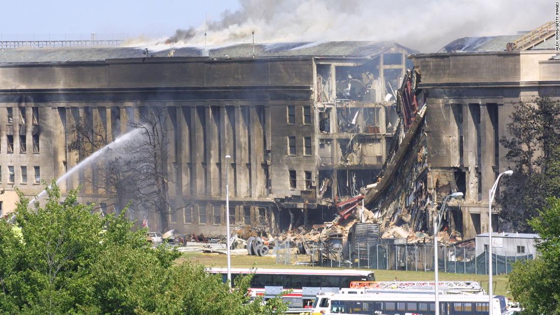 Firefighters try to control the flames at the Pentagon.