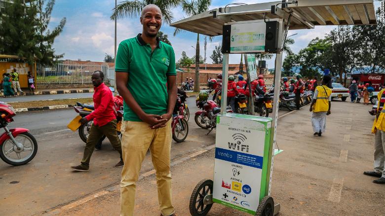 Founder Henri Nyakarundi leases Shiriki Hubs, solar-powered kiosks that can charge phones and provide Wi-Fi.