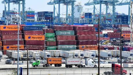 Container trucks arrive at the Port of Long Beach on August 23, 2019 in Long Beach, California. - President Donald Trump hit back at China on August 23, 2019, in their mounting trade war, raising existing and planned tariffs in retaliation for Beijing&#39;s announcement earlier in the day of new duties on American goods. (Photo by Frederic J. BROWN / AFP)        (Photo credit should read FREDERIC J. BROWN/AFP/Getty Images)