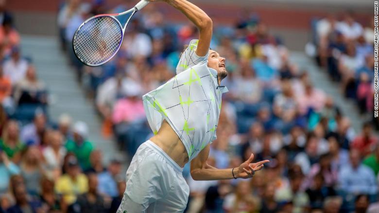  Danill Medvedev of Russia serves against Rafael Nadal in the US Open final.