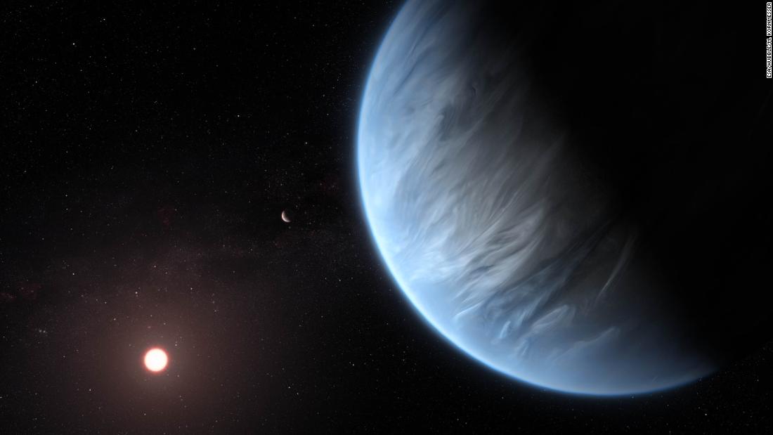 This artist&#39;s illustration showcases exoplanet K2-18b orbiting its host star. It&#39;s currently the only super-Earth exoplanet that has water vapor in its atmosphere and could be within the right temperature to support life. 