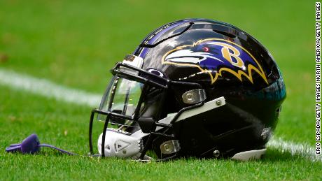 A Baltimore Ravens helmet before the start of the game against the Miami Dolphins.