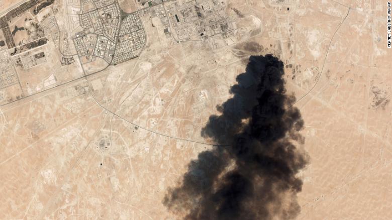 This Saturday, Sept. 14, 2019, satellite image from Planet Labs Inc. shows thick black smoke rising from Saudi Aramco&#39;s Abqaiq oil processing facility in Buqyaq, Saudi Arabia. Yemen&#39;s Houthi rebels launched drone attacks on the world&#39;s largest oil processing facility in Saudi Arabia and a major oil field Saturday, sparking huge fires and halting about half of the supplies from the world&#39;s largest exporter of oil. (Planet Labs Inc via AP)