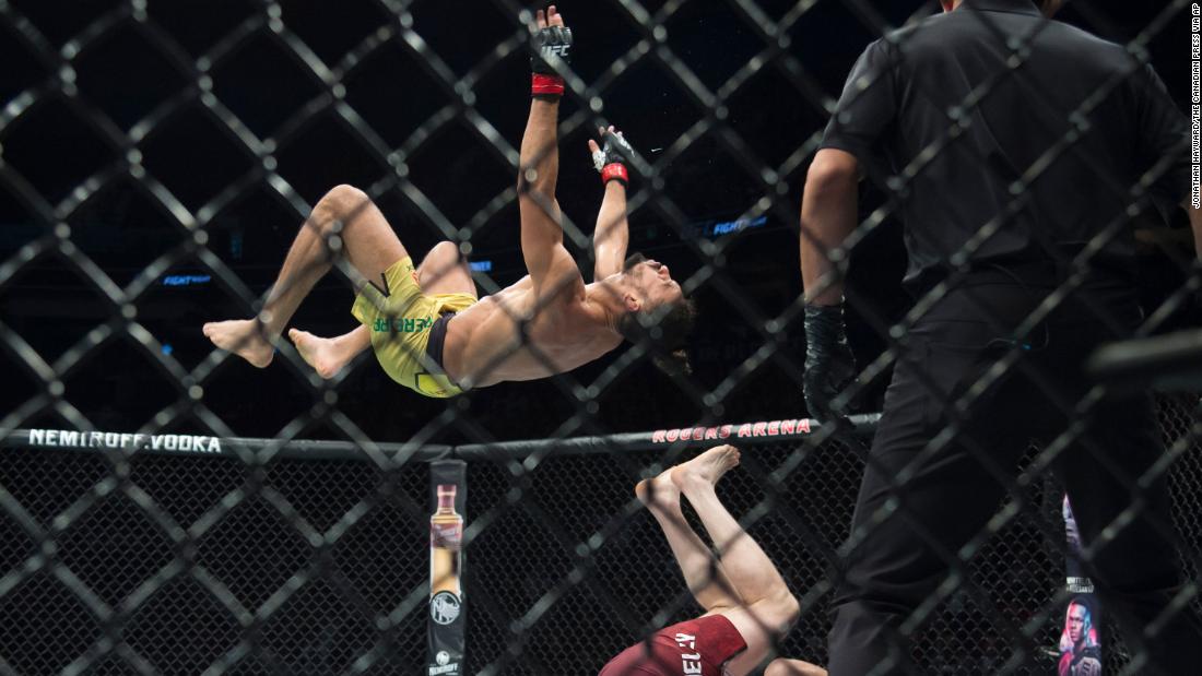 Michel Pereira is suspended in mid-air during his faceoff against Tristan Connelly at UFC Fight Night in Vancouver on Saturday.