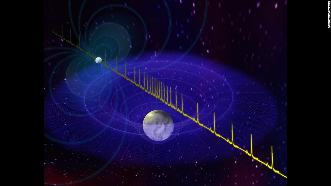 This is an artist&#39;s impression of a massive neutron star&#39;s pulse being delayed by the passage of a white dwarf star between the neutron star and Earth. Astronomers have detected the most massive neutron star to date due to this delay.