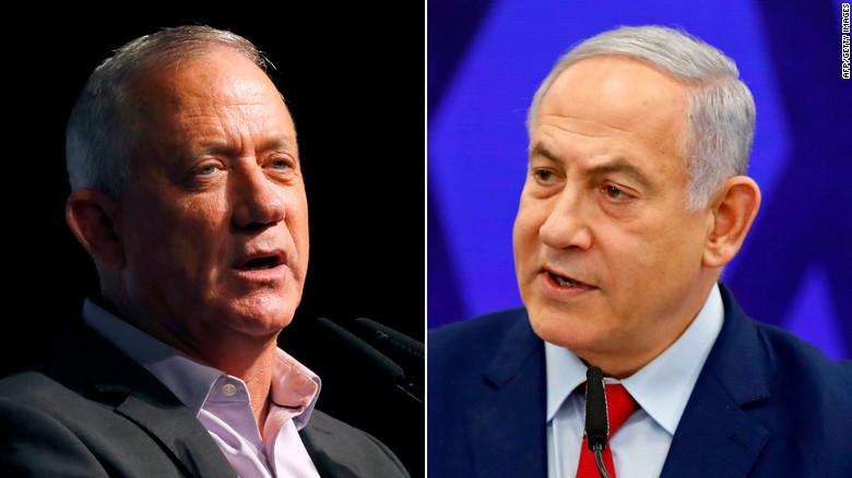 LEFT: Retired Israeli General Benny Gantz, one of the leaders of the Blue and White (Kahol Lavan) political alliance, speaks during a campaign event in the northern Israeli coastal city of Haifa on September 8, 2019, ahead of the parliamentary polls scheduled for September 17. (Photo by JACK GUEZ / AFP) (Photo credit should read JACK GUEZ/AFP/Getty Images)RIGHT: Israeli Prime Minister Benjamin Netanyahu gives a statement in Ramat Gan, near the Israeli coastal city of Tel Aviv, on September 10, 2019. - Israeli Prime Minister Benjamin Netanyahu issued a deeply controversial pledge on September 10 to annex the Jordan Valley in the occupied West Bank if re-elected in September 17 polls. He also reiterated his intention to annex Israeli settlements throughout the West Bank if re-elected, though in coordination with US President Donald Trump, whose long-awaited peace plan is expected to be unveiled sometime after the vote. (Photo by Menahem KAHANA / AFP) (Photo credit should read MENAHEM KAHANA/AFP/Getty Images)