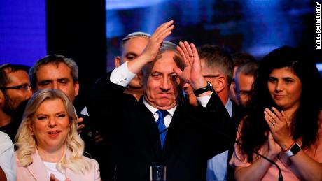 Israeli Prime Minister Benjamin Netanyahu thanks supporters at party headquarters in Tel Aviv on Wednesday.