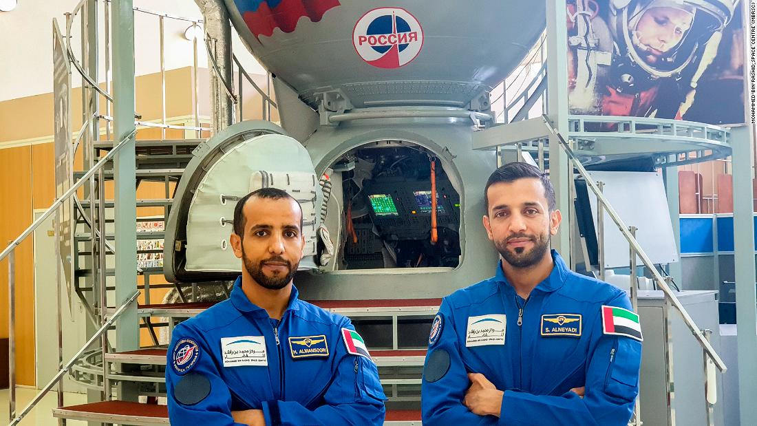 Hazzaa AlMansoori (L) will board a Soyuz-MS 15 spacecraft at the Baikonur Cosmodrome in Kazakhstan before blasting off into space. Sultan AlNeyadi (R) has also been training as the backup astronaut for the mission.
