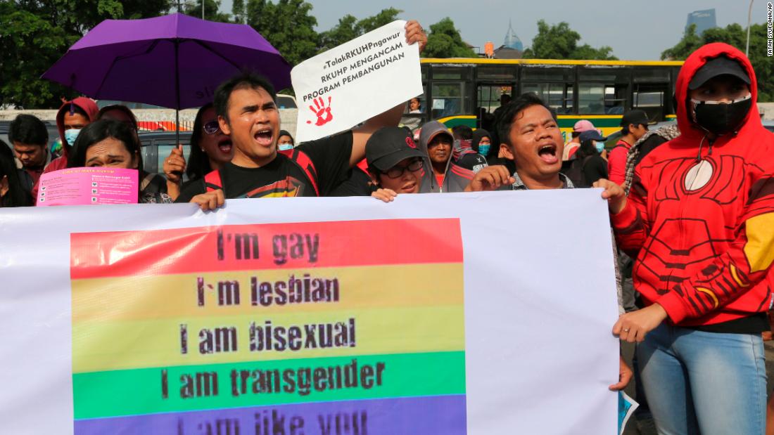 LGBT activists rally against a planned revision to Indonesia's criminal code that would criminalize unmarried and gay sex in Jakarta, Indonesia on Feb. 12, 2018. While the protest took place last year, the demonstration was against the same criminal code bill. 