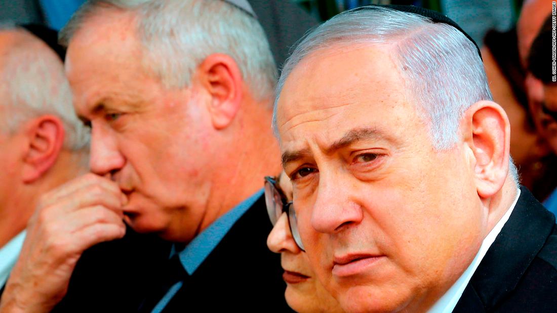 Israeli Prime Minister Benjamin Netanyahu (R), Israeli president of the Supreme Court Esther Hayut (C) and Benny Gantz (L), leader of Blue and White party, attend a memorial ceremony for late Israeli president Shimon Peres.