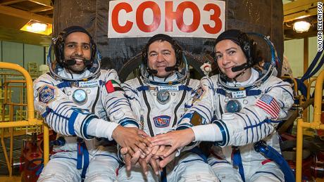 Hazzaa Almansoori (left) and crewmates Oleg Skripochka of Roscosmos (center) and Jessica Meir of NASA (right) prepare for their space mission in Baikonur Cosmodrome in Kazakhstan. They will launch on the September 25 on the Soyuz MS-15 spacecraft to the International Space Station.