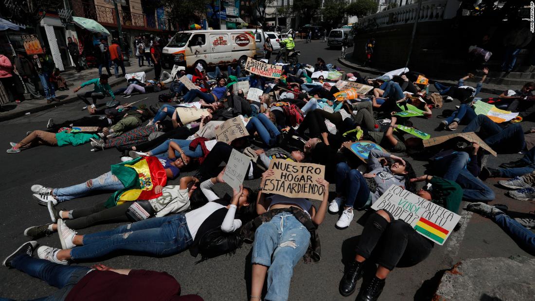People protest in La Paz, Bolivia.