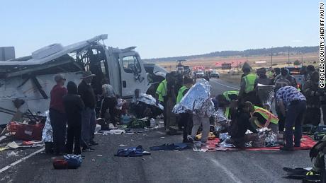 The bus crashed on Utah Highway 12, a few miles west of Bryce Canyon National Park. CNN obscured parts of this image, as the condition of the victims could not be verified. 