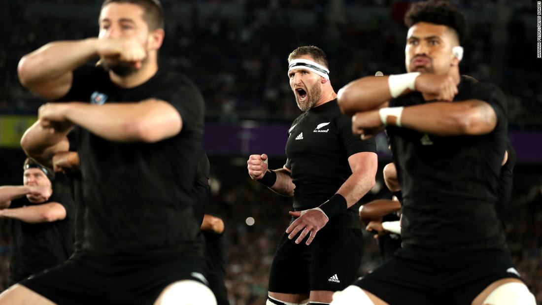 New Zealand players perform the Haka prior to their Rugby World Cup 2019 Group B game against South Africa.