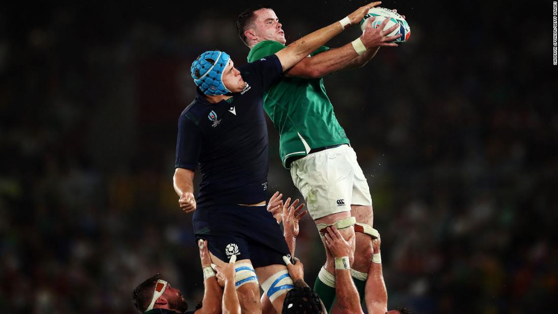 James Ryan of Ireland wins a line out during his side&#39;s  27-3 win over Scotland. 