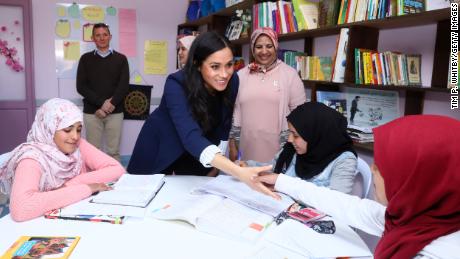 Meghan, Duchess of Sussex visits the &quot;Education For All&quot; boarding house for girls aged 12 to 18, with Prince Harry on February 24 in Asni, Morocco. 