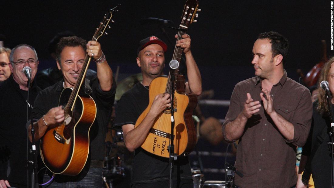 Springsteen, Rage Against the Machine's Tom Morello and Dave Matthews (from left) perform at a concert celebrating Pete Seeger's 90th birthday in 2009 in New York City.