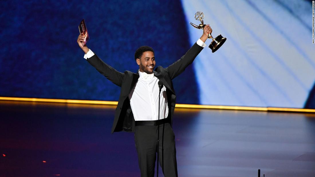 Jharrel Jerome accepts the 2019 Emmy for Outstanding Lead Actor in a Limited Series for his performance as Korey Wise in "When They See Us." 