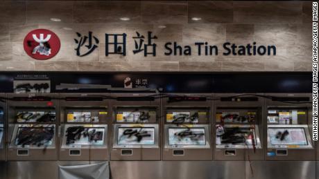 Damaged ticket machines are seen at Sha Tin Station during a demonstration on September 22, 2019 in Hong Kong.