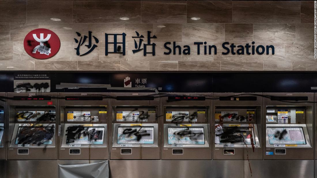 Damaged ticket machines are seen at Sha Tin Station during a demonstration on September 22, 2019 in Hong Kong.