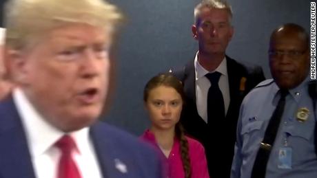 Swedish environmental activist Greta Thunberg watches as U.S. President Donald Trump enters the United Nations to speak with reporters in a still image from video taken in New York City, U.S. September 23, 2019. 