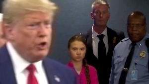 Swedish environmental activist Greta Thunberg watches as U.S. President Donald Trump enters the United Nations to speak with reporters in a still image from video taken in New York City, U.S. September 23, 2019. 