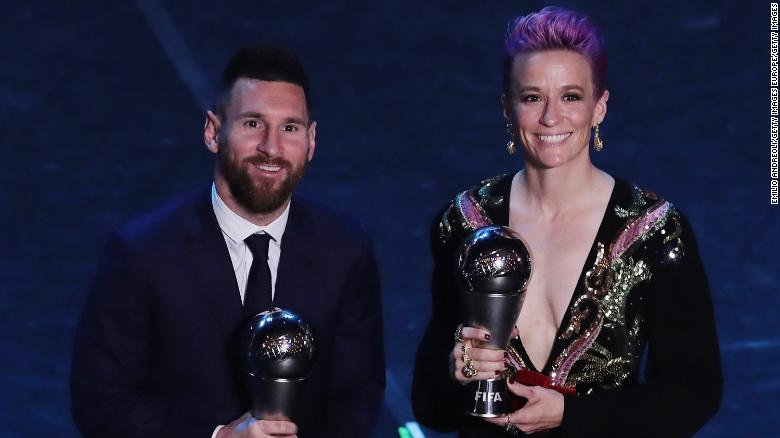 Lionel Messi and Megan Rapinoe with their The Best FIFA awards.