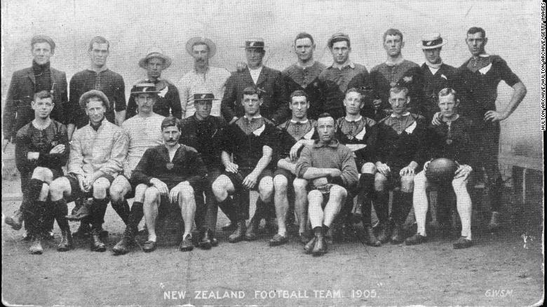 The New Zealand rugby team before its tour of Britain, September-December 1905. By the end of the tour, the team had, for the first time, become known as the All Blacks. 