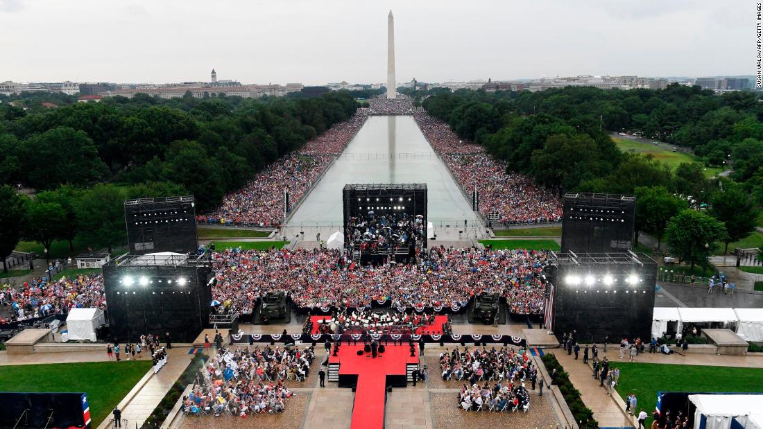 Crowds gather around the Lincoln Memorial Reflecting Pool to watch Trump speak in July 2019. &lt;a href=&quot;https://www.cnn.com/2019/07/04/politics/gallery/trump-july-fourth-celebration/index.html&quot; target=&quot;_blank&quot;&gt;Trump&#39;s &quot;Salute to America&quot; ceremony&lt;/a&gt; featured military flyovers, music and a largely apolitical speech that struck a patriotic tone. But the event drew considerable scrutiny in the days leading up to it, as &lt;a href=&quot;https://www.cnn.com/2019/07/03/politics/military-concerns-trump-july-4th-event/index.html&quot; target=&quot;_blank&quot;&gt;some felt it was politicizing the military&lt;/a&gt;. There were also critics who said the event, &lt;a href=&quot;https://www.cnn.com/2019/07/02/politics/vip-tickets-white-house-show/index.html&quot; target=&quot;_blank&quot;&gt;with its massive VIP section and tickets for political donors,&lt;/a&gt; had the sheen of a partisan affair. 