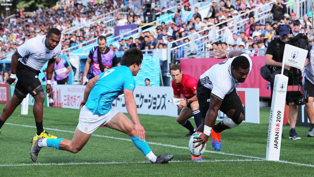 Mesulame Dolokoto grounds the ball to score his side&#39;s first try but Fiji made too many mistakes in the game. 
