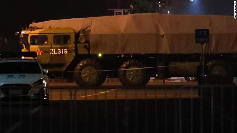 A Chinese military vehicle carrying a ballistic missile participates in rehearsals for the October 1 military parade.