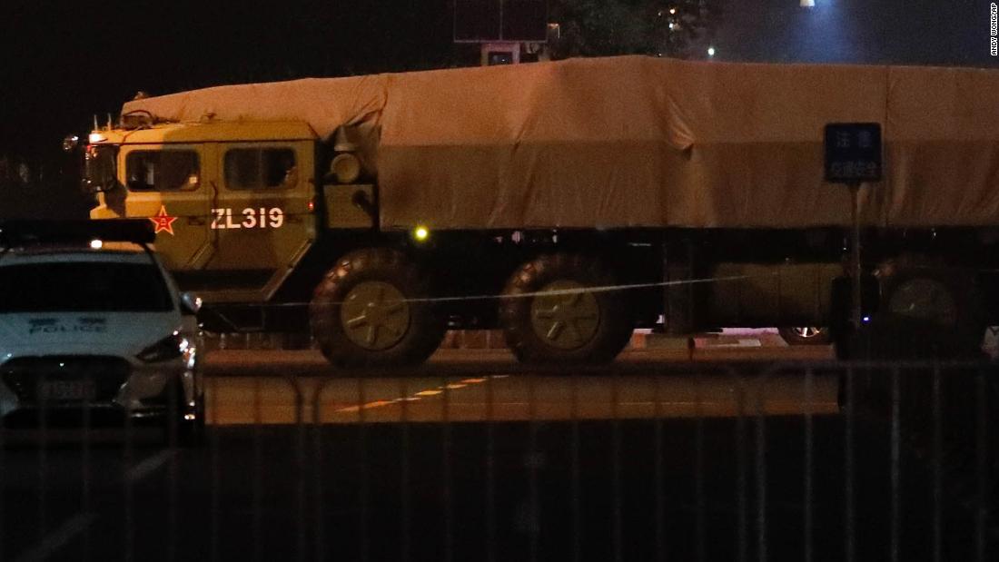 A Chinese military vehicle carrying a ballistic missile participates in rehearsals for the October 1 military parade.