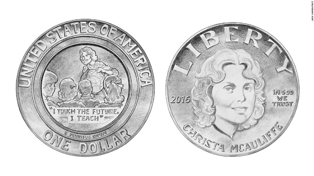 The proposed design of the commemorative Christa McAuliffe coin.