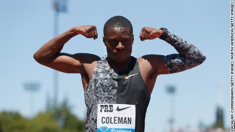 STANFORD, CALIFORNIA - JUNE 30: Christian Coleman of the United States poses for photographers after winning the Men&#39;s 100m during the Prefontaine Classic at Cobb Track &amp; Angell Field on June 30, 2019 in Stanford, California. (Photo by Lachlan Cunningham/Getty Images)