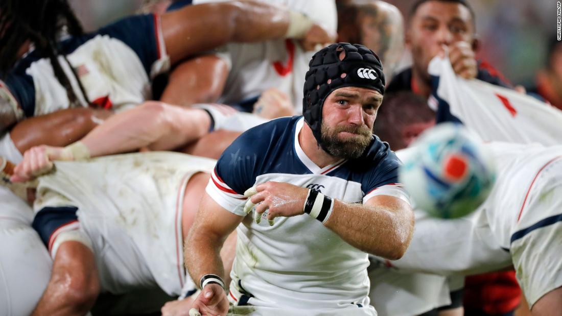 The USA were beaten 45-7 by England at the Rugby World Cup in its opening game at Japan 2019. Shaun Davies passes the ball during the Group C match at Kobe Misaki Stadium in Kobe.